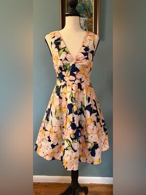 J. Crew Navy Floral V-Neck Fit-and-Flare Dress with Pink & Green Accents Size 00